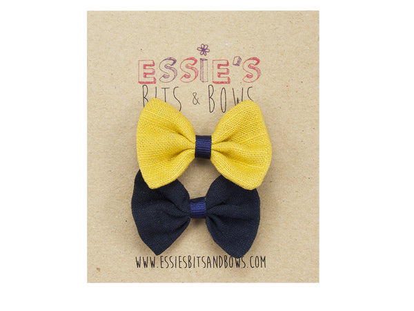 Mustard & navy blue linen baby hair bows