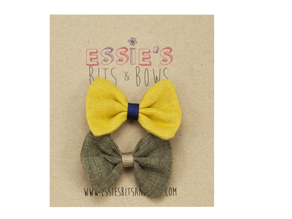 Mustard & khaki linen baby hair bows